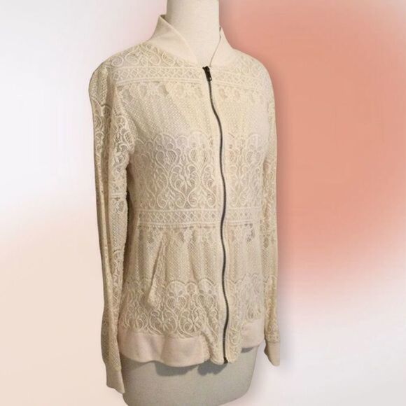 Living Doll Ivory‎ Ecru Lace Zip Up Unlined Jacket Size Med - Picture 3 of 11